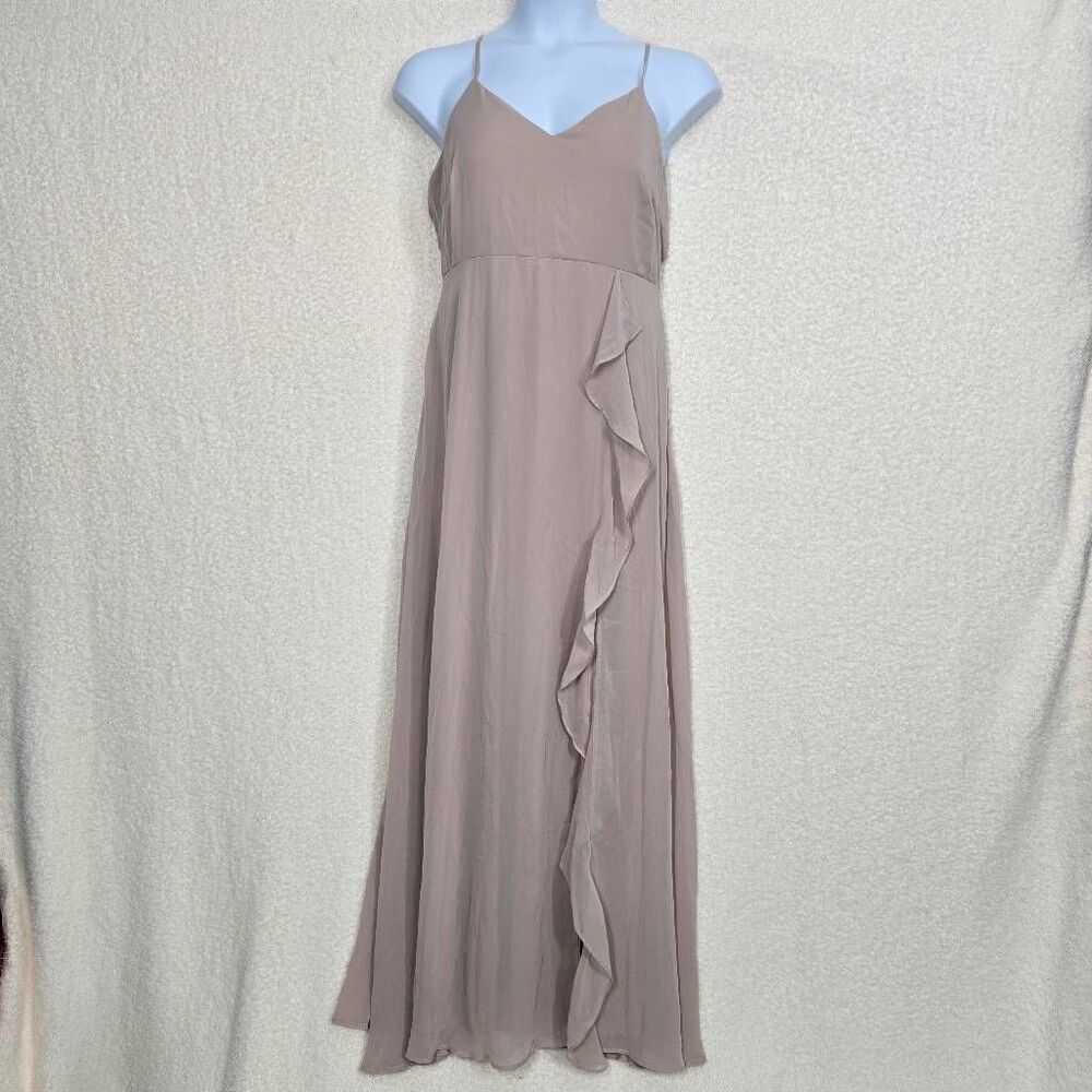 Birdy Grey Chiffon Taupe Theresa Ruffle Slit Dress XL